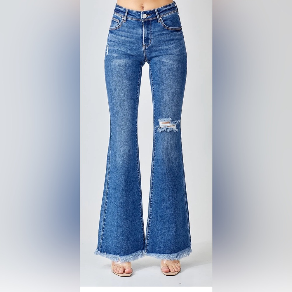 🤑 RISEN Low Rise Dark Wash Distressed Flare Jeans * MOST POPULAR * - Picture 3 of 7